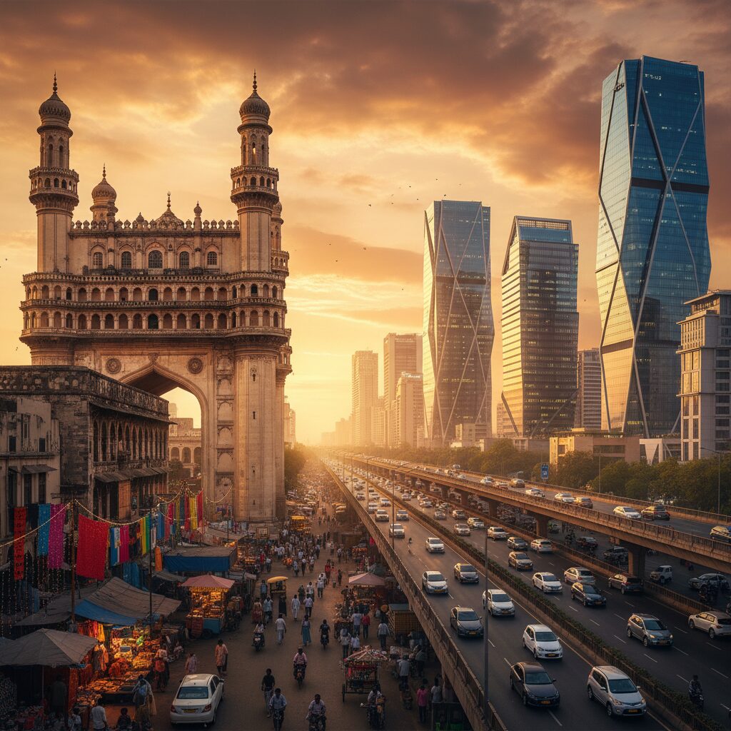 ハイデラバードの伝統的なチャール・ミナールと近代的なITビルのコントラストを描いた風景