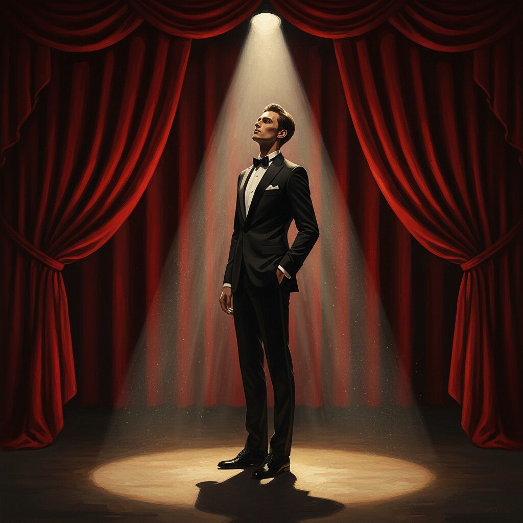 Spotlight on an elegant tall stage performer silhouette in a theater setting