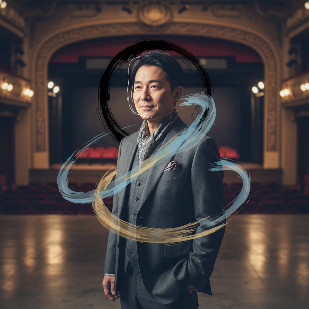 落ち着いた雰囲気で前を見据える40代の日本人俳優のイメージ