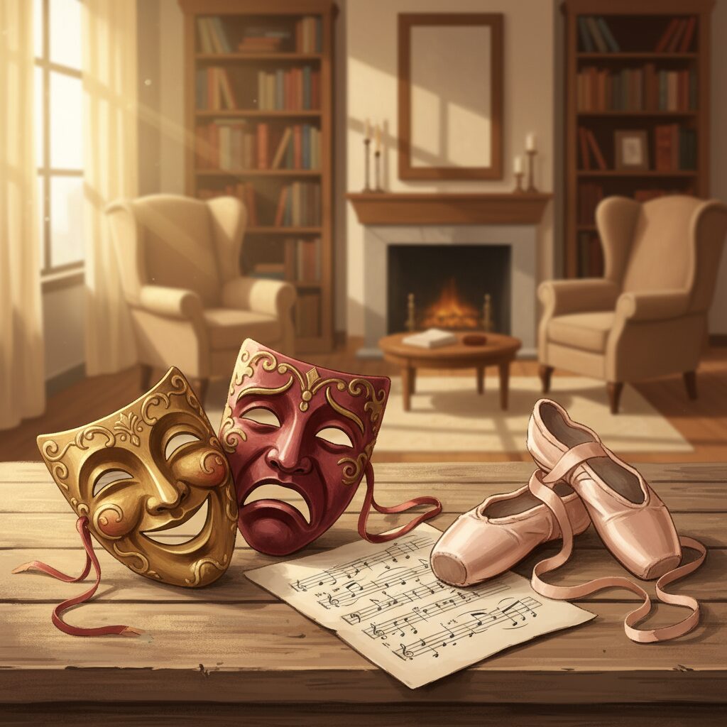 ミュージカルの舞台小道具と温かい家庭を象徴するバレエシューズが並ぶイメージ画像