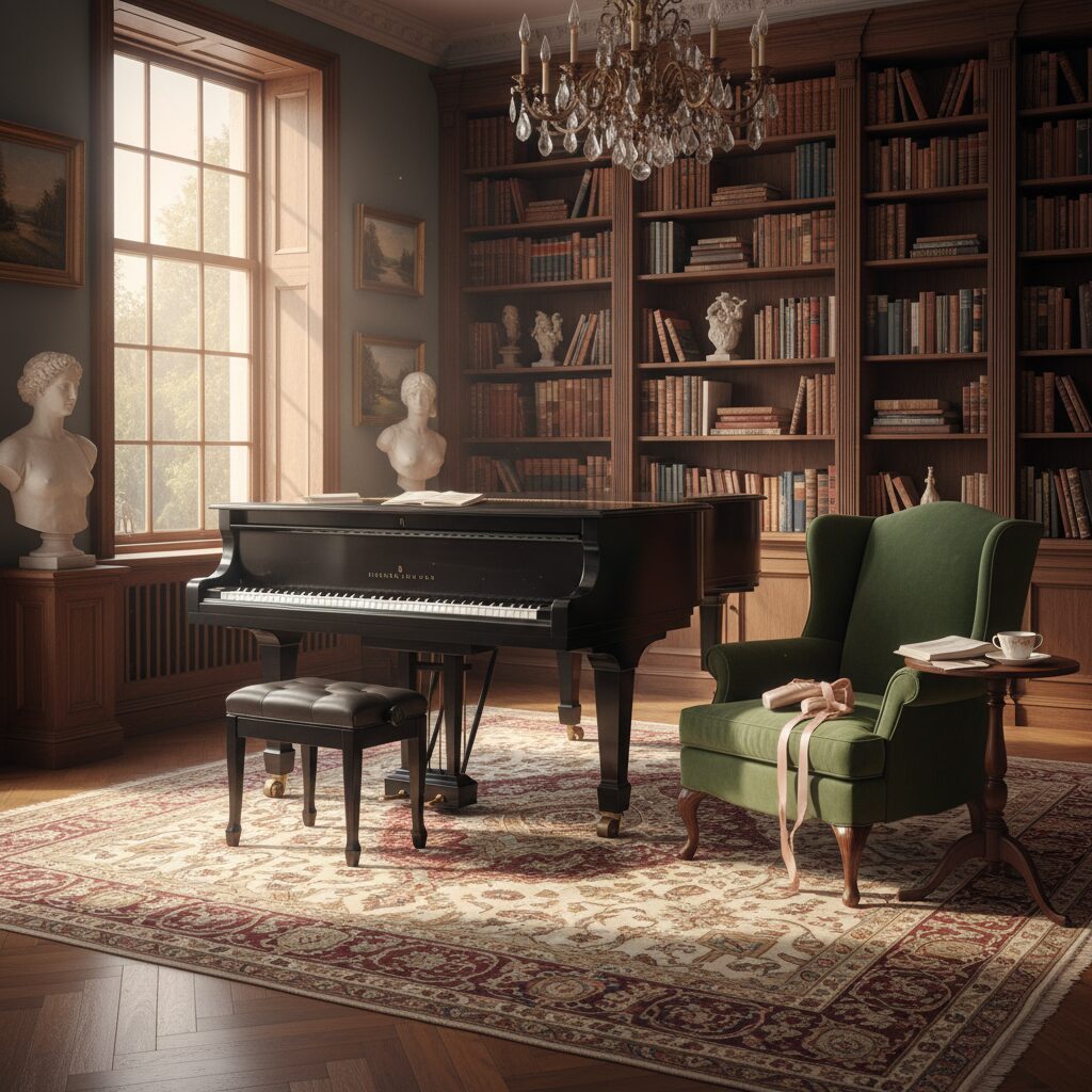 ピアノ、バレエシューズ、本棚が並ぶ、知的で温かい家庭の雰囲気を描いたアイキャッチ画像