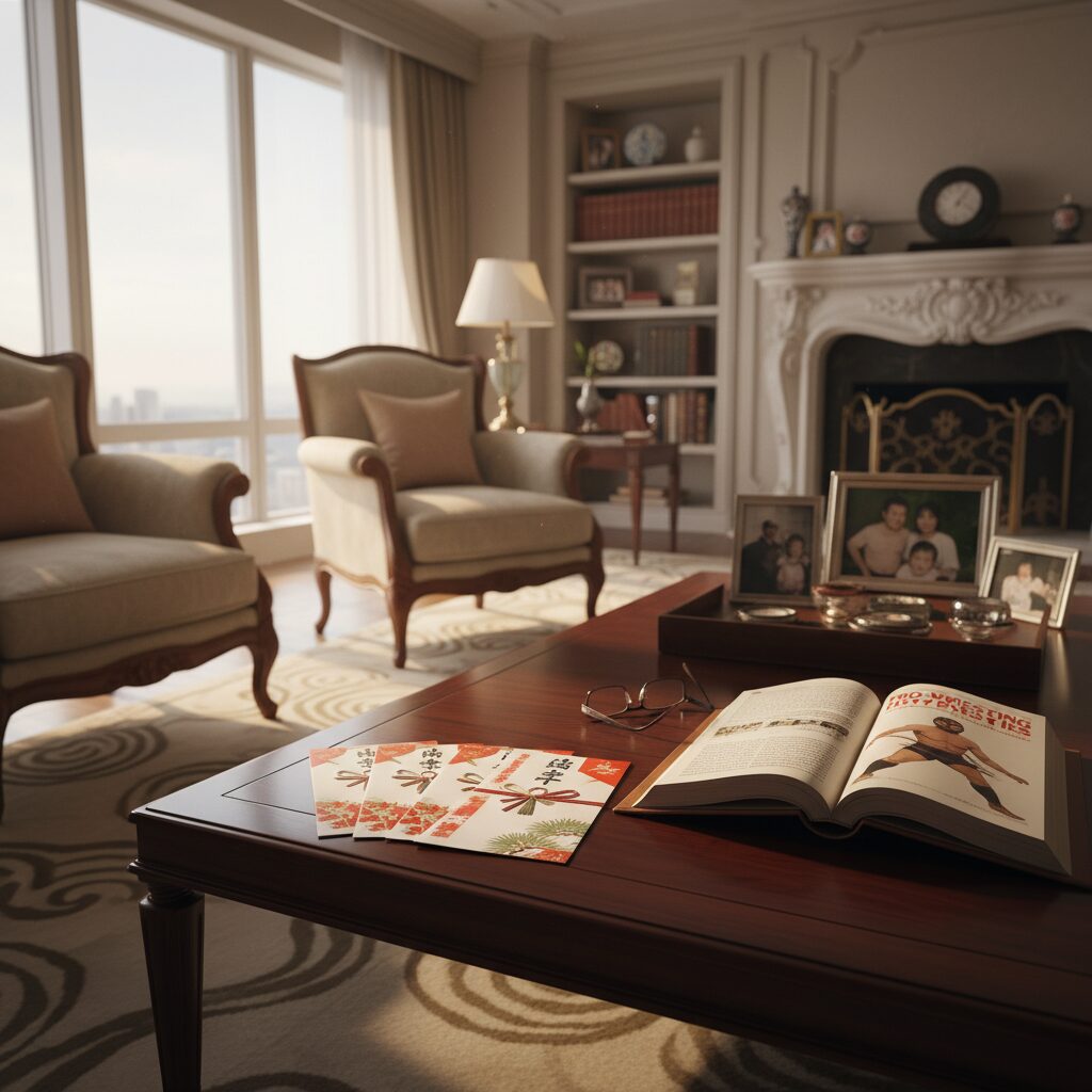 親子関係の深さを象徴する、温かい光に包まれた豪華なリビングのイメージ