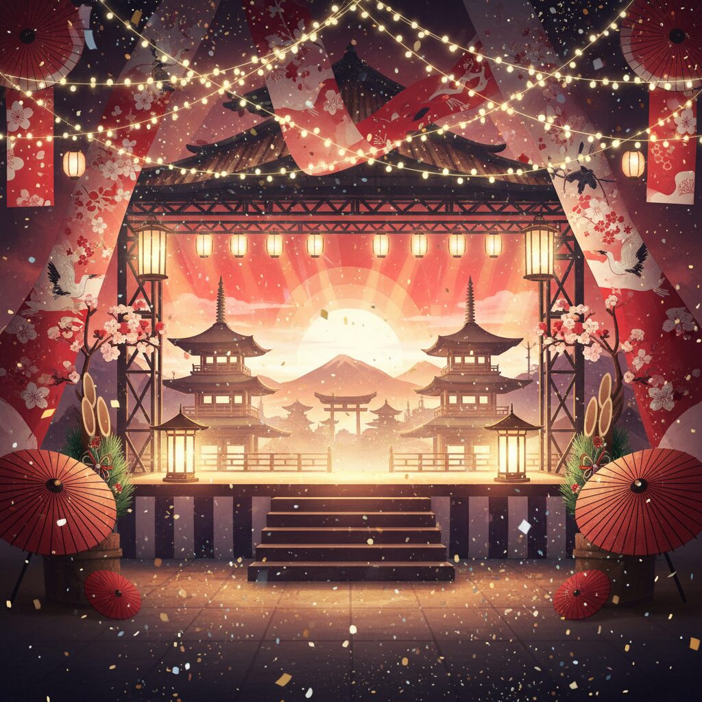 赤と白の華やかな装飾が施された音楽祭のステージのイメージ