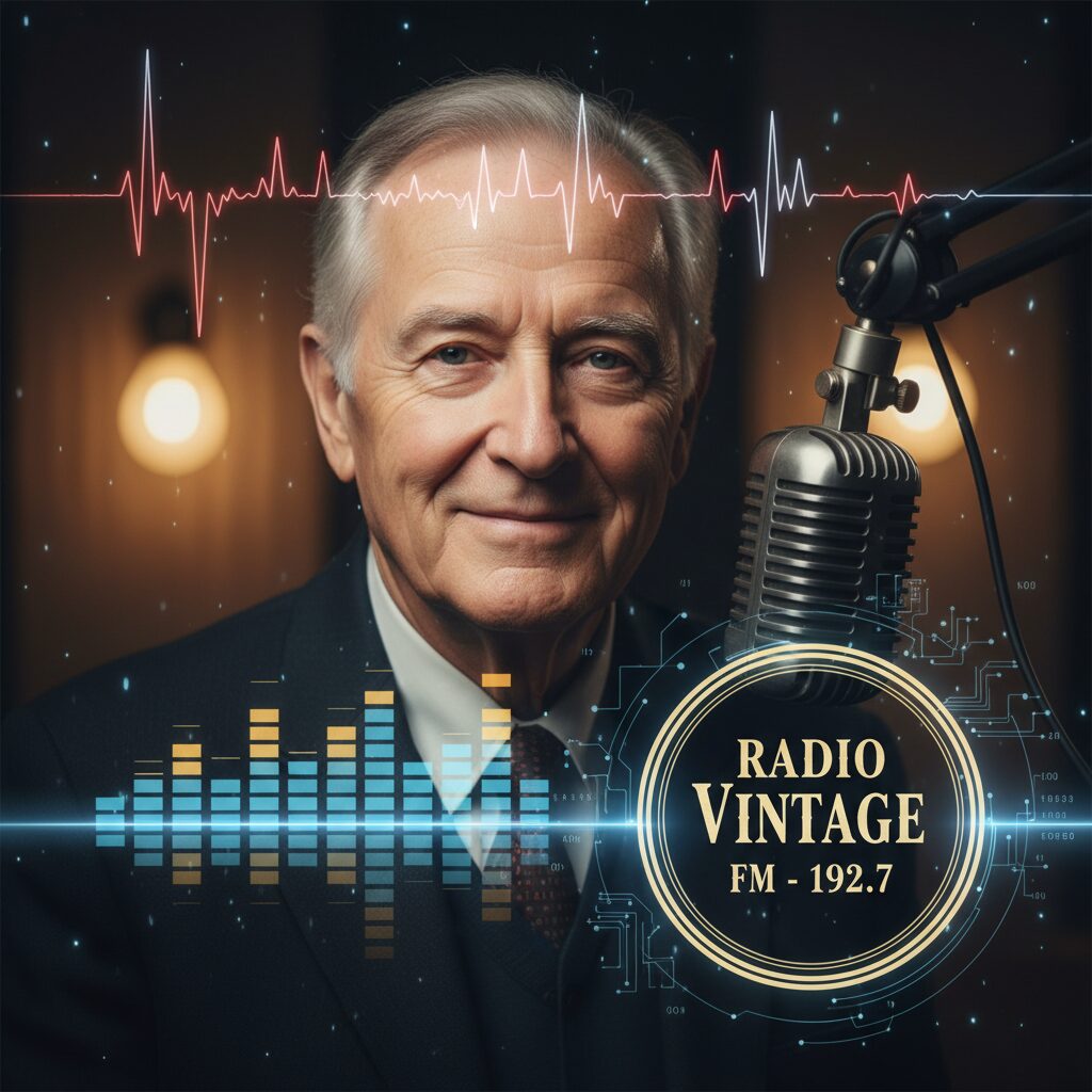 ラジオブースで温かい笑顔を見せるベテランアナウンサーのイメージ画像