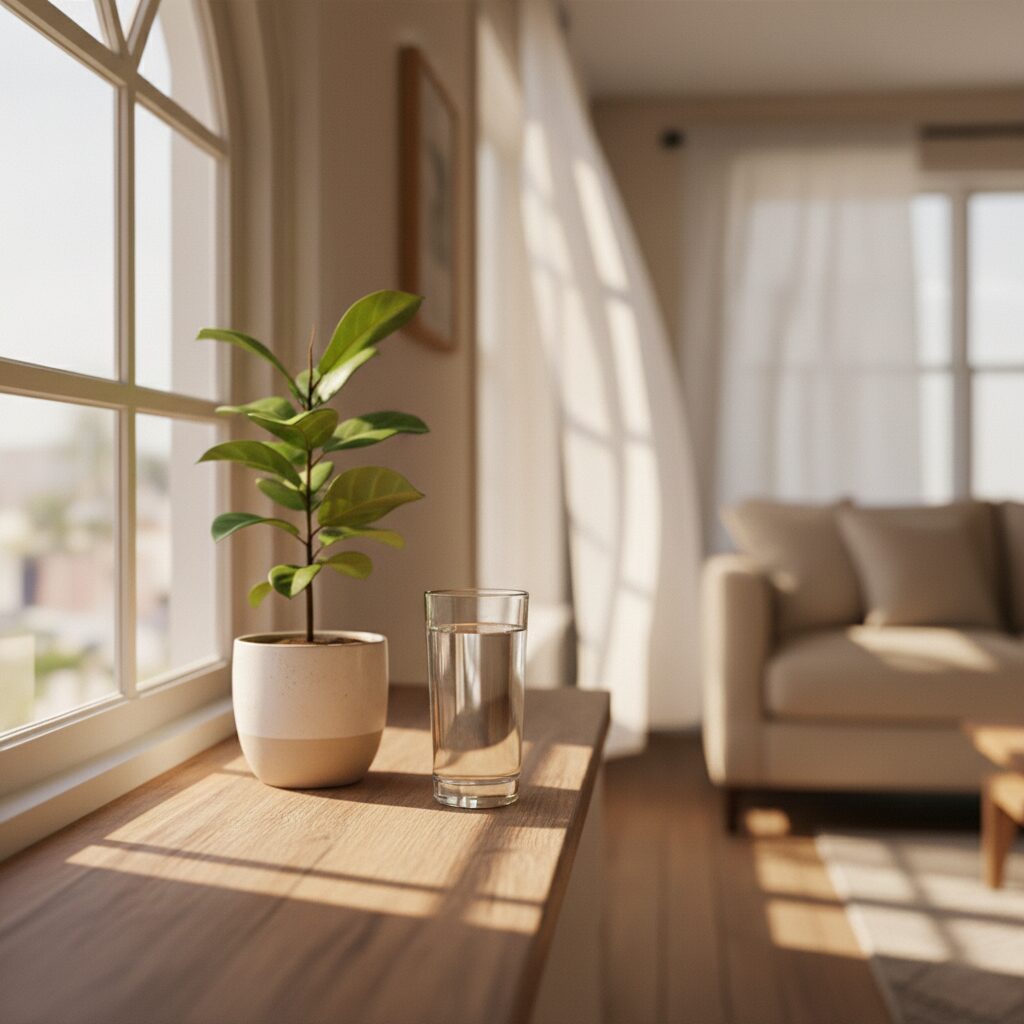 A soft, bright window scene representing health and a new life perspective with a gentle, calming atmosphere.