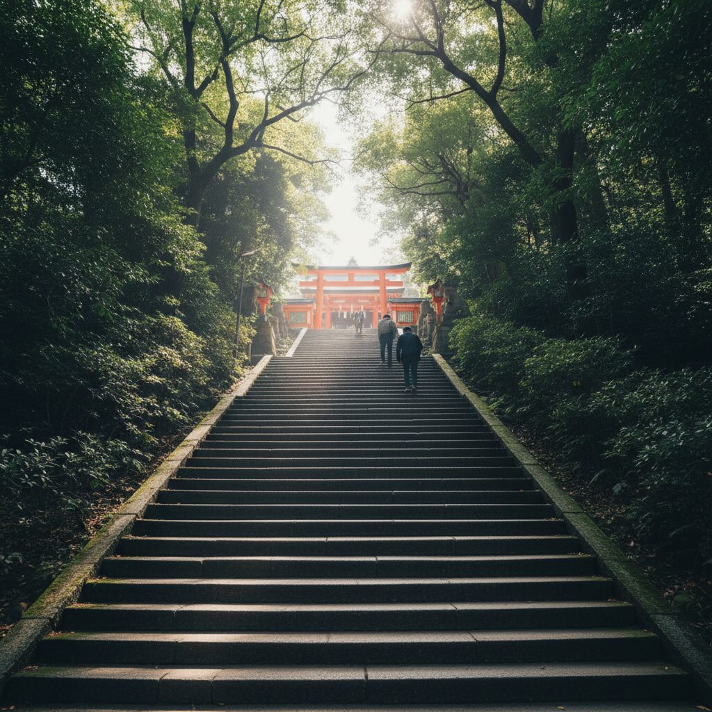 東京都港区の愛宕神社にある急勾配な出世の石段と、周囲を囲む豊かな緑の風景