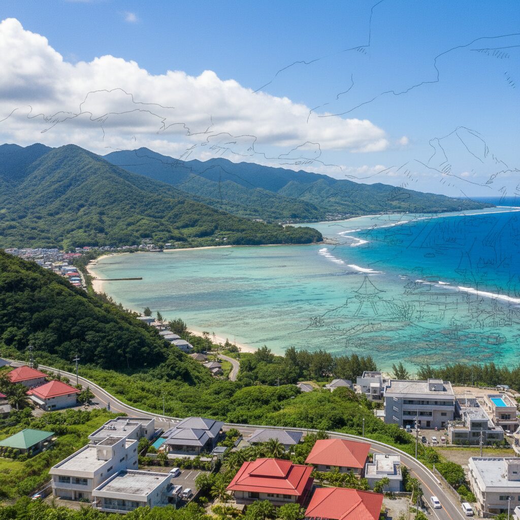奄美大島の美しい海と伝統的な街並みが調和する風景