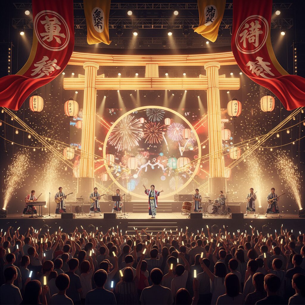 2025年NHK紅白歌合戦の華やかなステージをイメージしたビジュアル