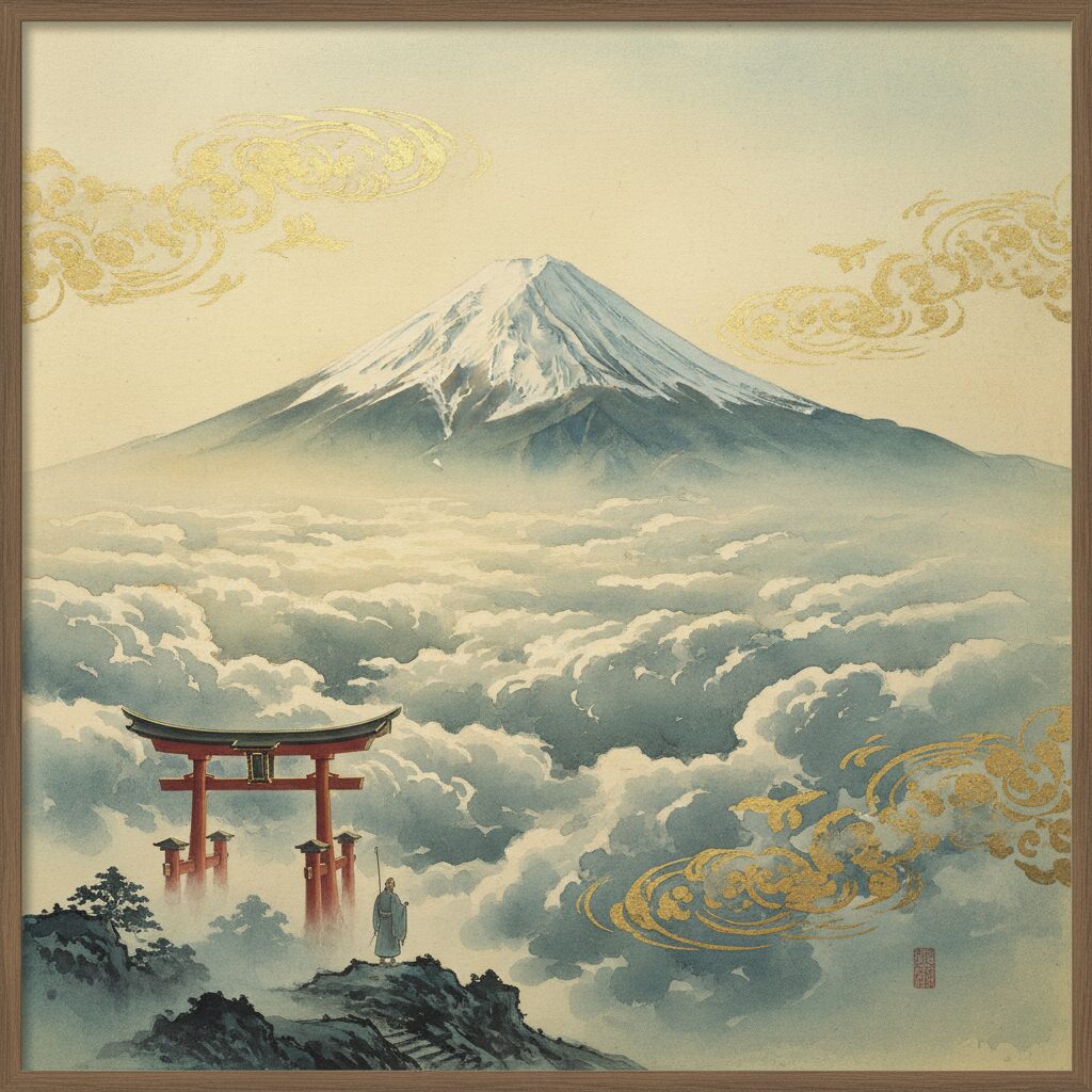 横山大観が描いた壮大な富士山と雲海の日本画風イメージ