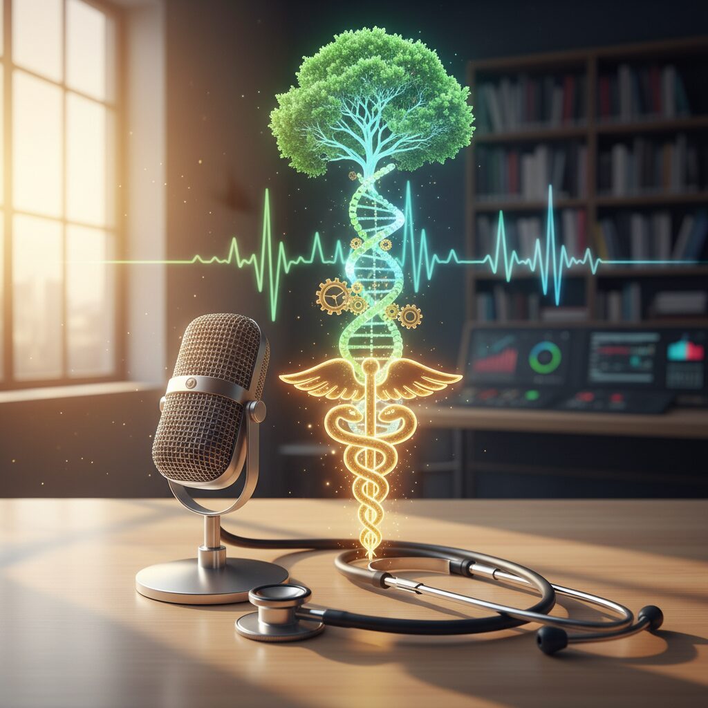 健康管理と放送業界を象徴する清潔感のあるイメージ図