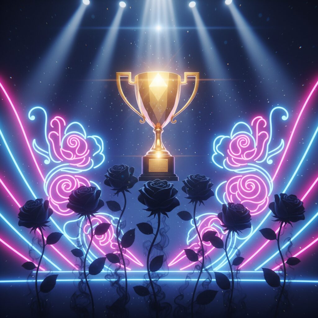 2025年日本レコード大賞で最優秀新人賞を受賞したHANAをイメージした、輝くトロフィーと7輪のバラの幻想的なビジュアル