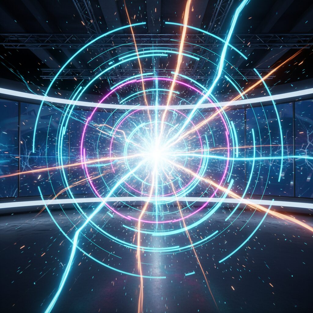 SixTONESのTBS初冠番組「6SixTONES」を象徴する、爆発的なエネルギーと祝祭感を表現した抽象的なイメージ画像。背景にはテレビスタジオを連想させるネオンの光が走っています。