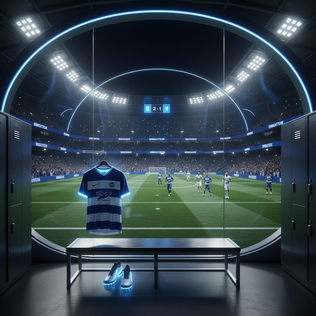 夜のサッカースタジアムとブライトンをイメージした青と白の光り輝くロッカーの風景