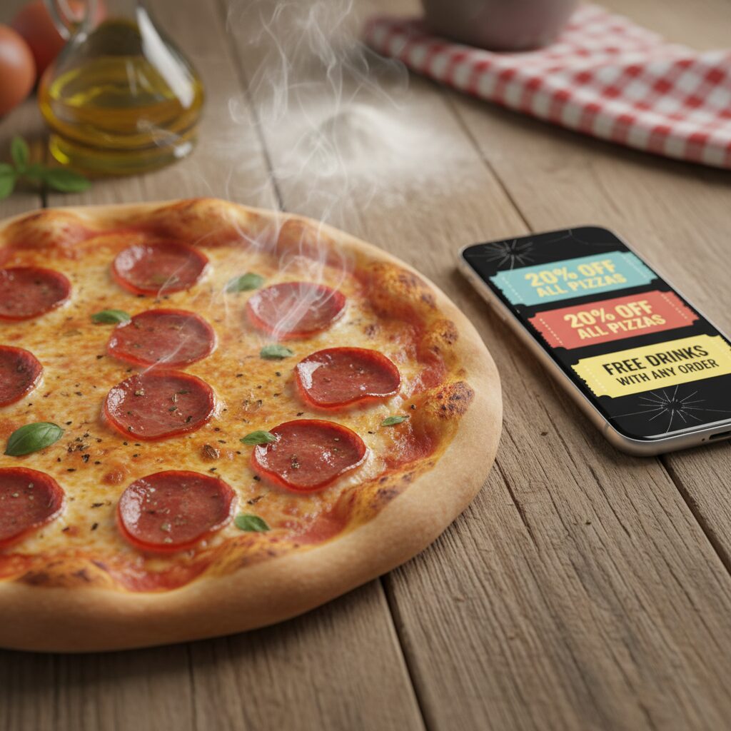 Delicious pepperoni pizza on a table with a smartphone showing discount coupons.
