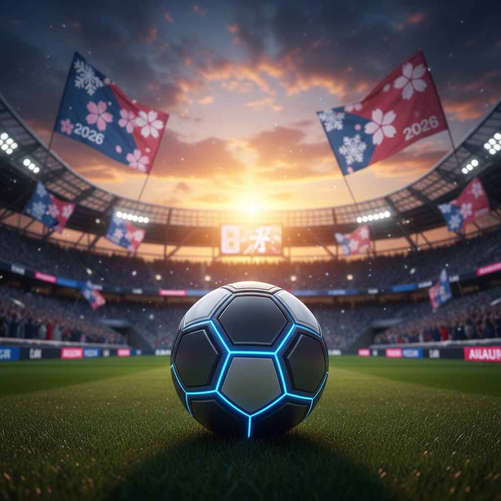 夕焼けに染まるスタジアムとサッカーボールのイメージ