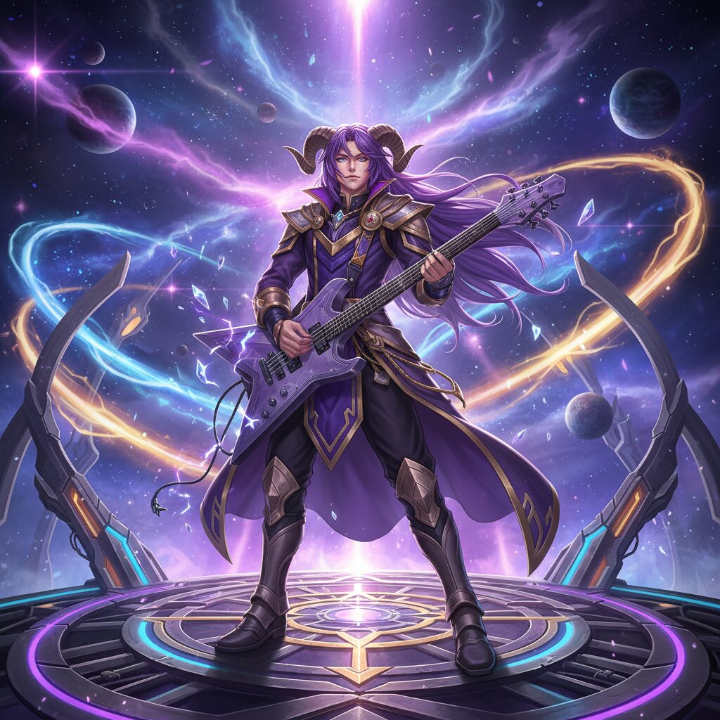 にじさんじENのレンゾットをイメージした、紫色の髪と角を持つ異世界の王子のコンセプトアート