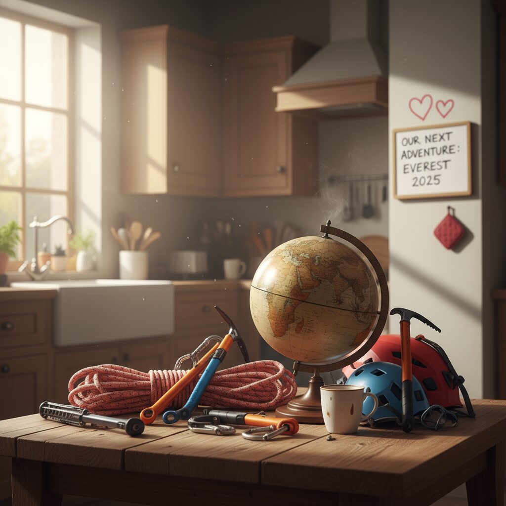 Warm scene of mountain climbing gear and family items representing the bond of Imoto Ayako and Ishizaki D.
