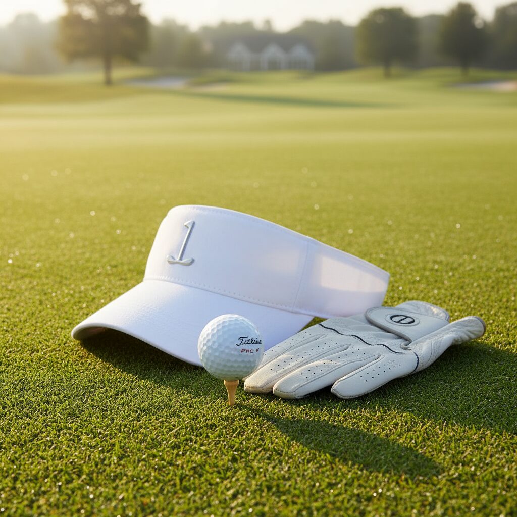 ゴルフ場の美しいグリーンとバイザーなどのゴルフアイテム