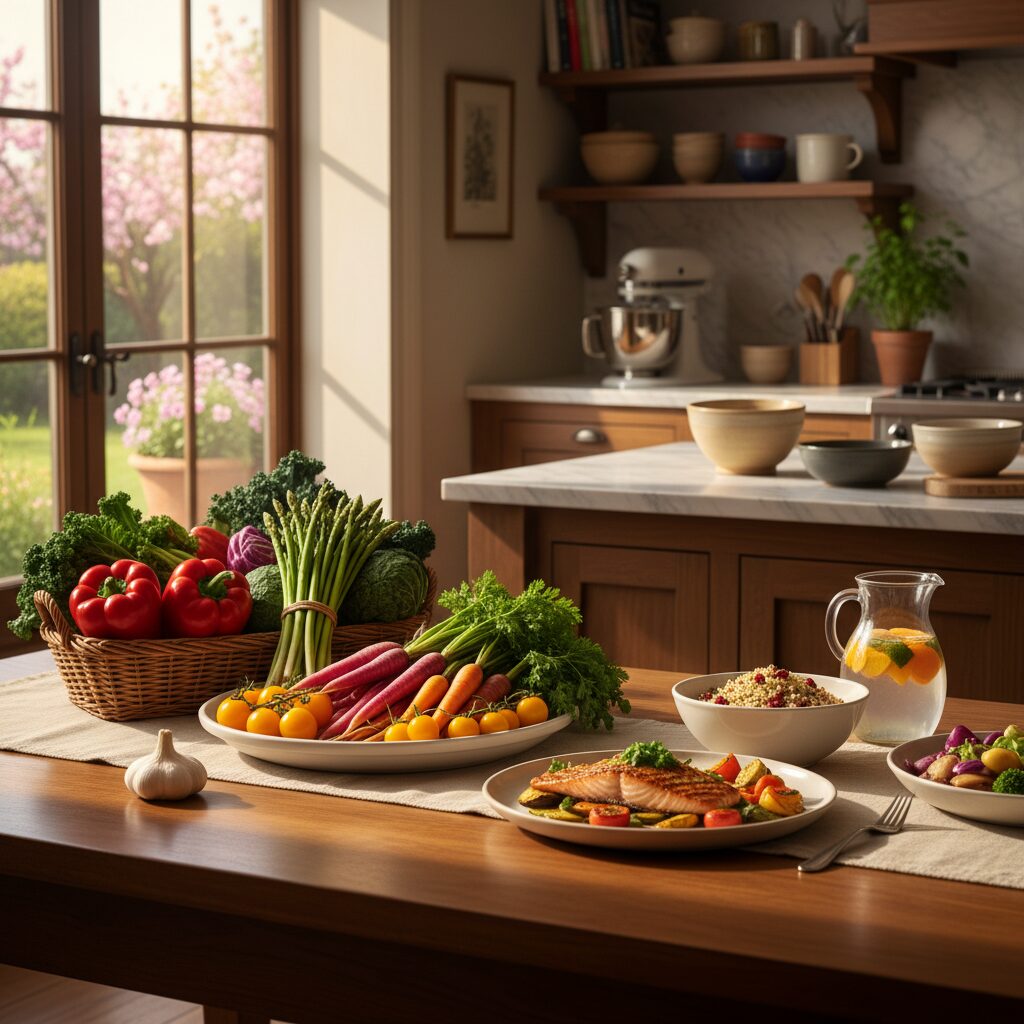 明るいキッチンに並ぶ健康的な食事と野菜のイメージ