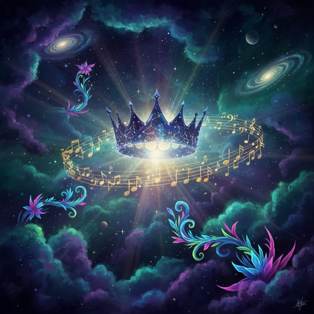 宇宙と音楽をテーマにした幻想的なアイキャッチ画像。王冠と音符が星空に浮かんでいます。