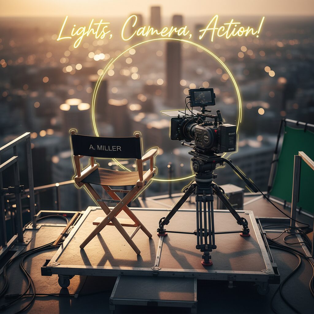 小栗旬さんの俳優としてのキャリアを象徴する映画撮影現場のディレクターズチェアとカメラのイメージ