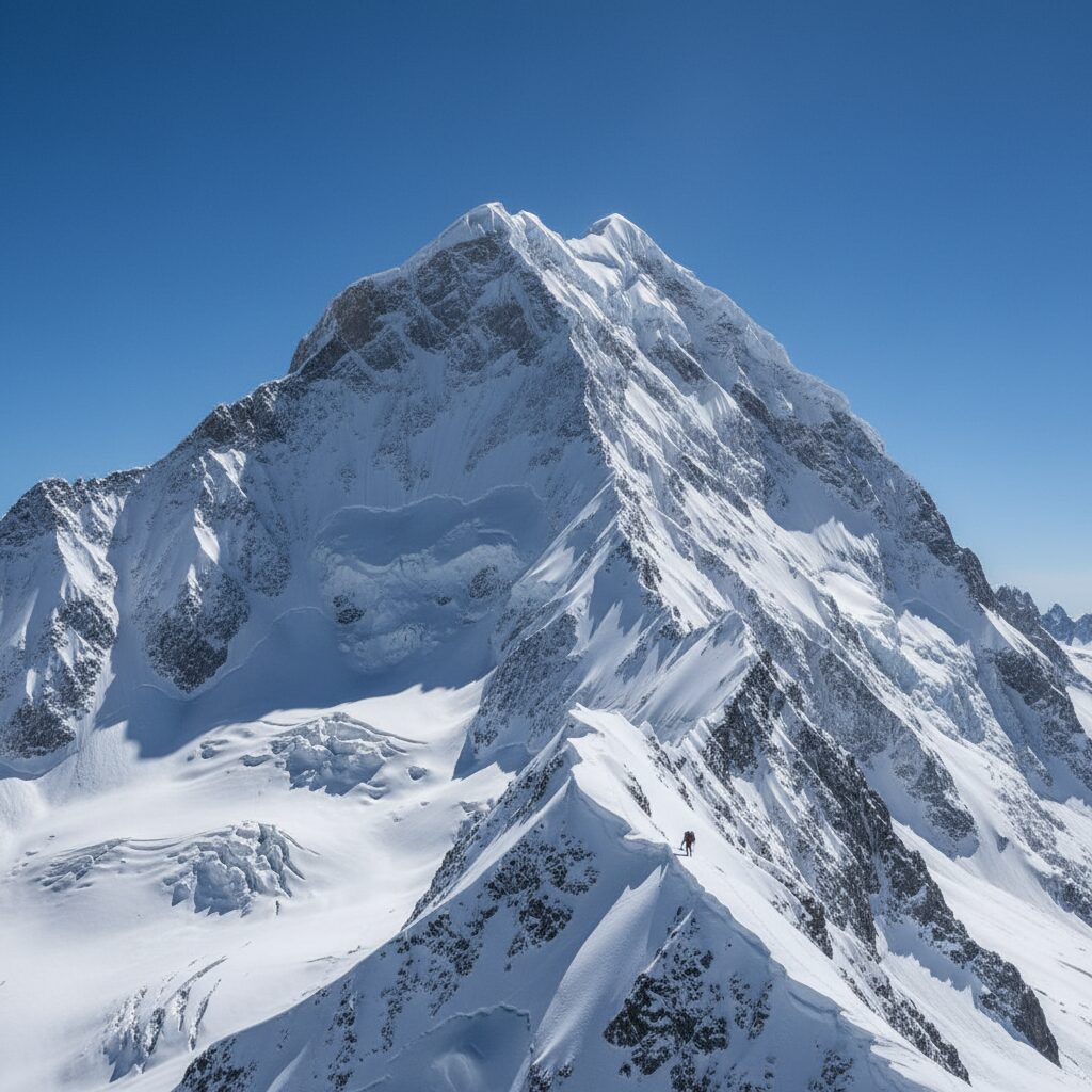 高くそびえ立つ雪山の山頂と青い空、挑戦を象徴する登山道のイメージ
