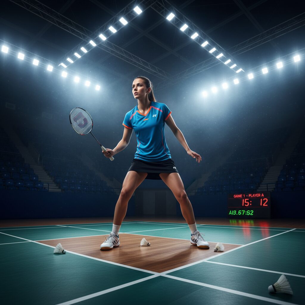 バドミントンコートでラケットを手に立つ、アスリートらしいスタイルを持つ女性選手のイメージ