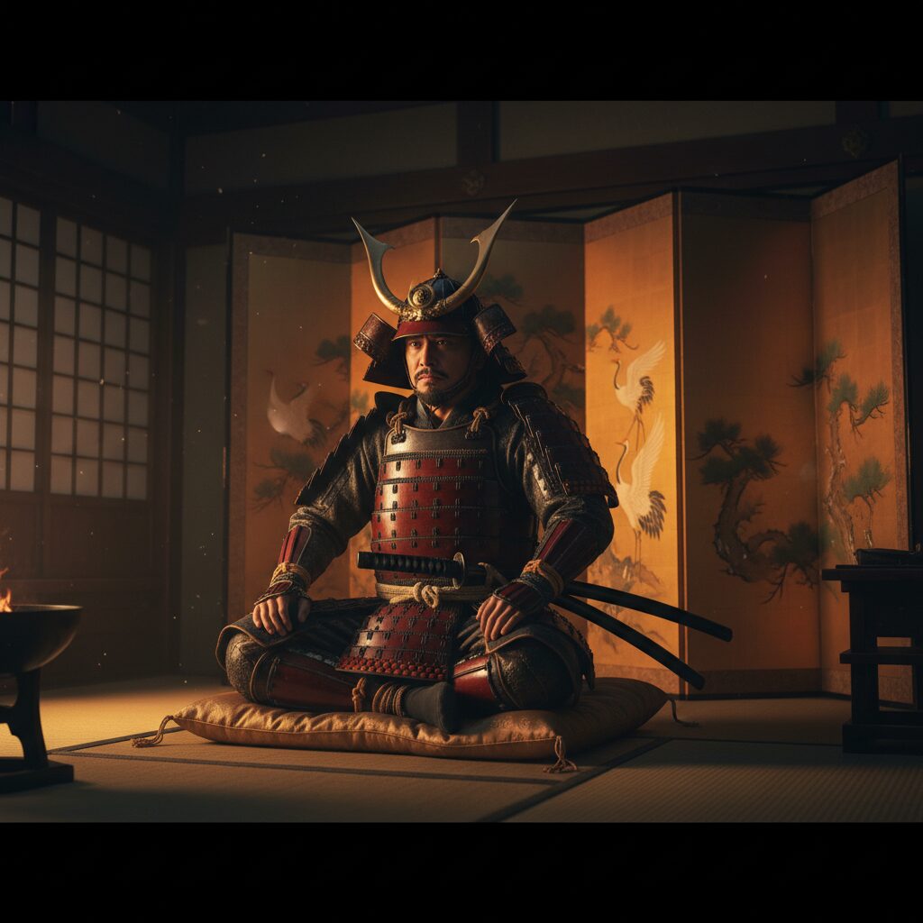 戦国時代の重厚な雰囲気が漂う畳の部屋で、沈黙の支配を感じさせる侍のイメージ。2026年大河ドラマ『豊臣兄弟！』を象徴する静寂と権威の構図。