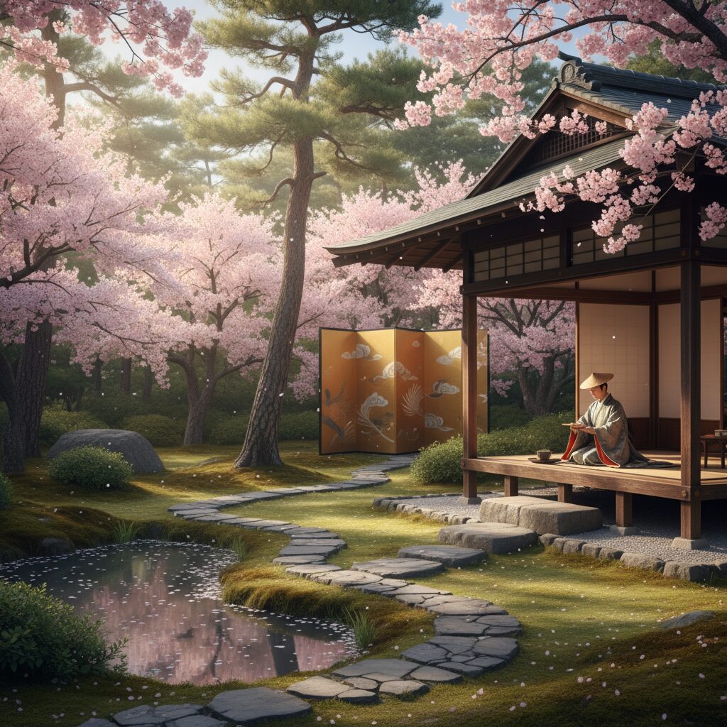 日本の伝統的な庭園と桜が描かれた、時代劇をイメージさせる美しい背景画像