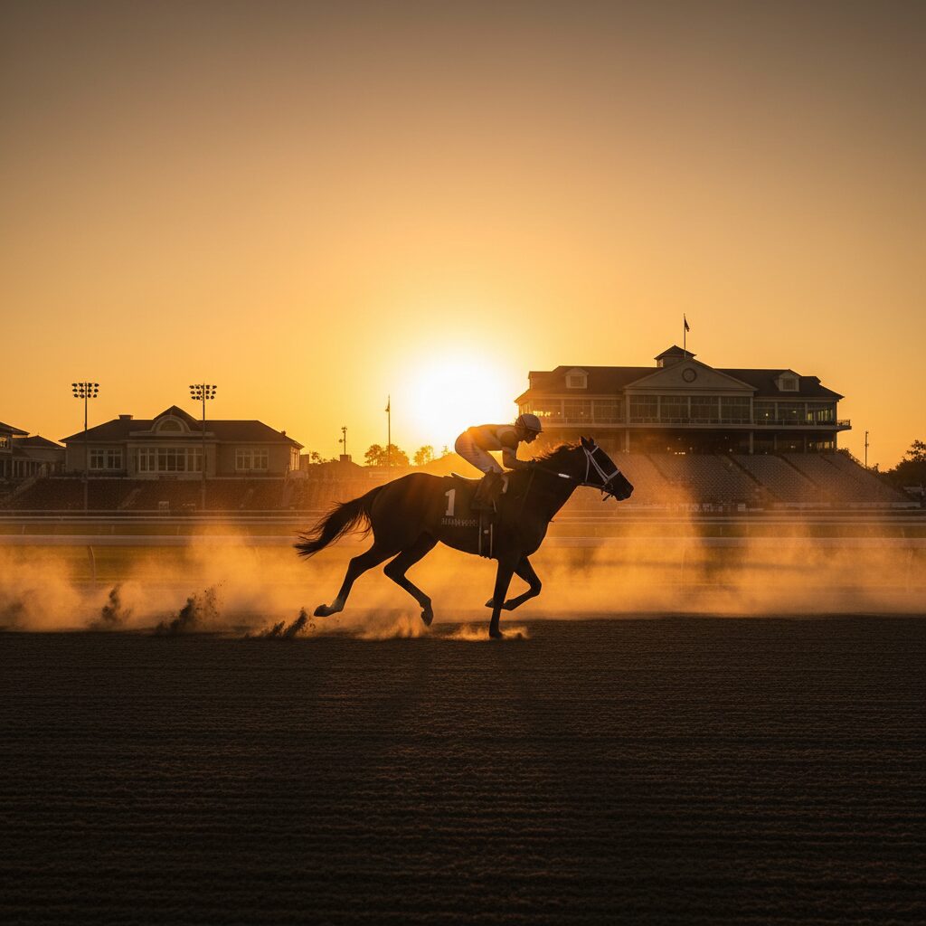 夕暮れの競馬場を走るジョッキーのシルエット