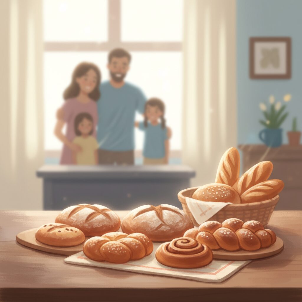 木南晴夏と玉木宏の結婚と幸せな家庭をイメージした、温かい光が差し込むリビングのイラスト。テーブルにはパンが置かれている。