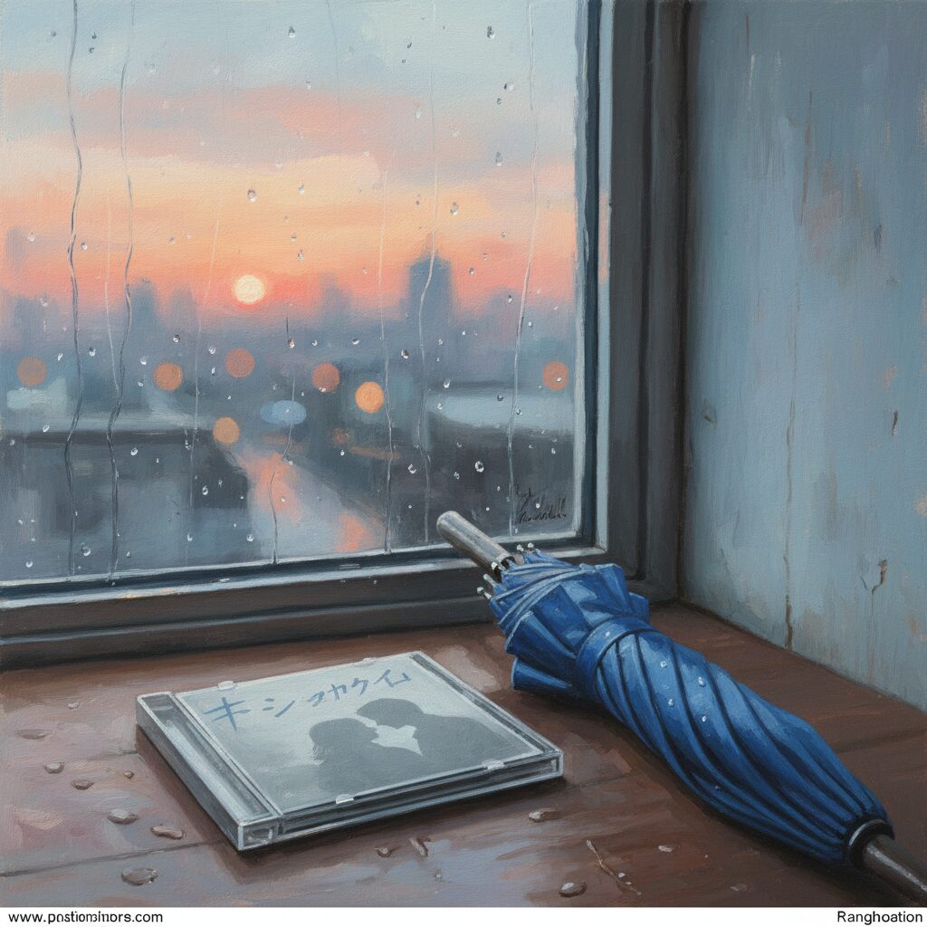 A nostalgic window reflecting a soft sunset with a blue umbrella, symbolizing the mood of Miho Komatsu's song.