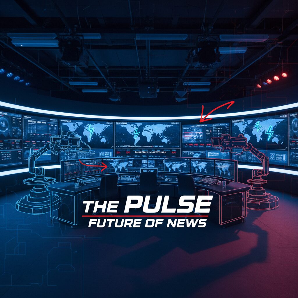 CNNのニューススタジオを彷彿とさせる、デジタルな世界地図とニュースモニターが並ぶサイバーパンクな雰囲気の画像