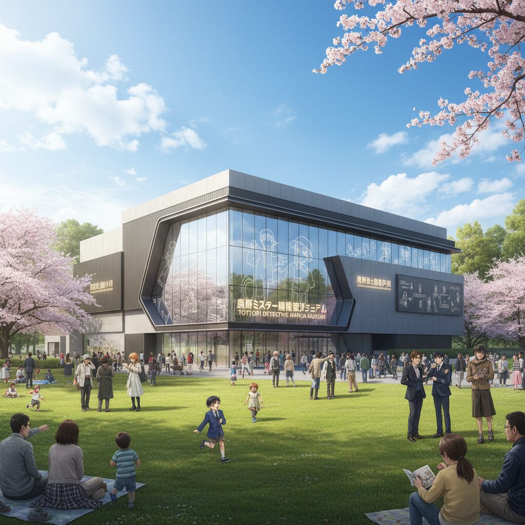 2027年に移転リニューアルする青山剛昌ふるさと館の新施設をイメージした現代的なミュージアムの外観。明るい青空と緑豊かな公園に囲まれた、多くのファンが訪れる聖地の風景。