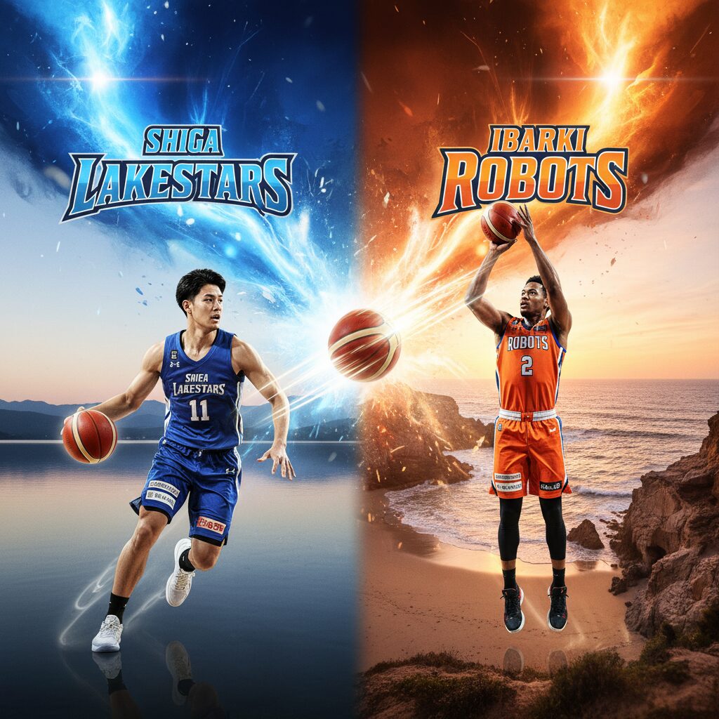 滋賀県と茨城県をイメージした背景と、バスケットボールが飛び交うダイナミックな対決イメージ図