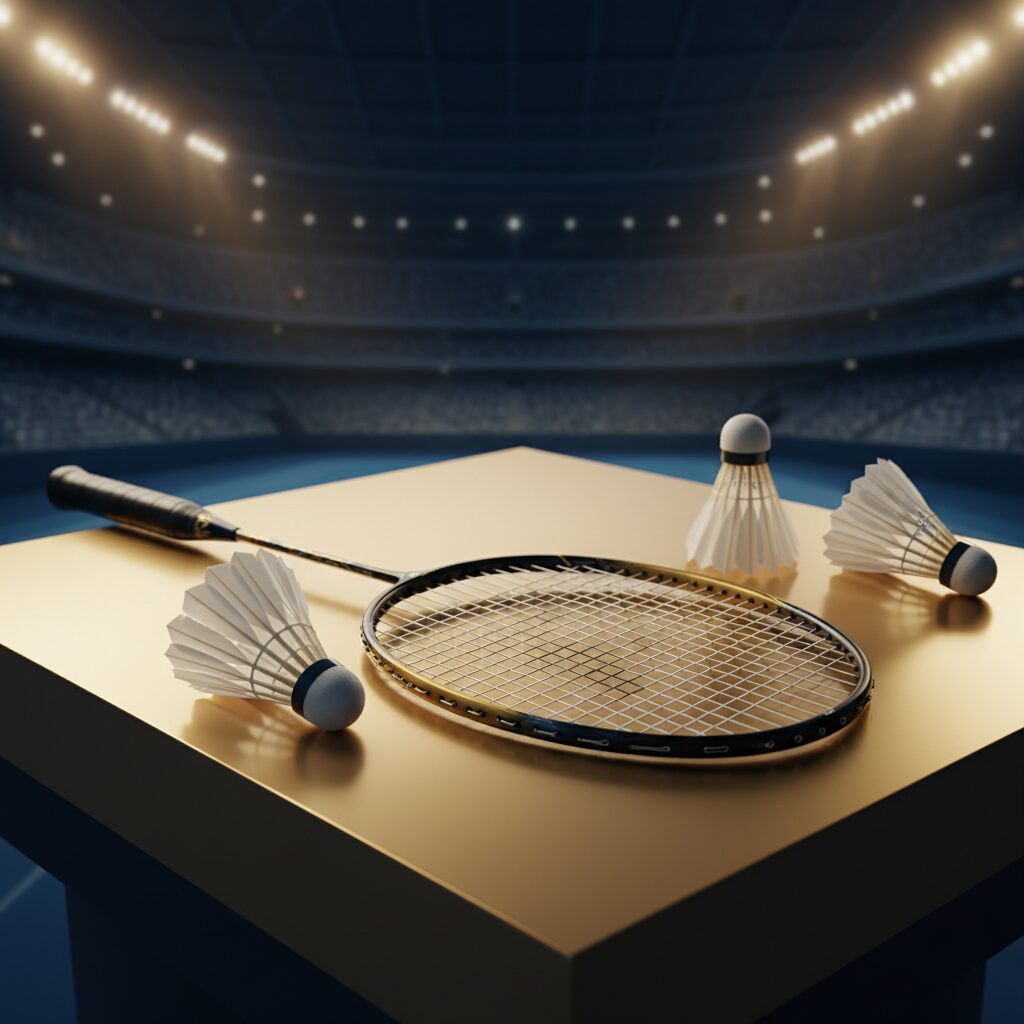 A luxurious and professional badminton racket lying on a golden pedestal, symbolizing high income and success in sports, surrounded by subtle abstract representations of prize money and global fame.