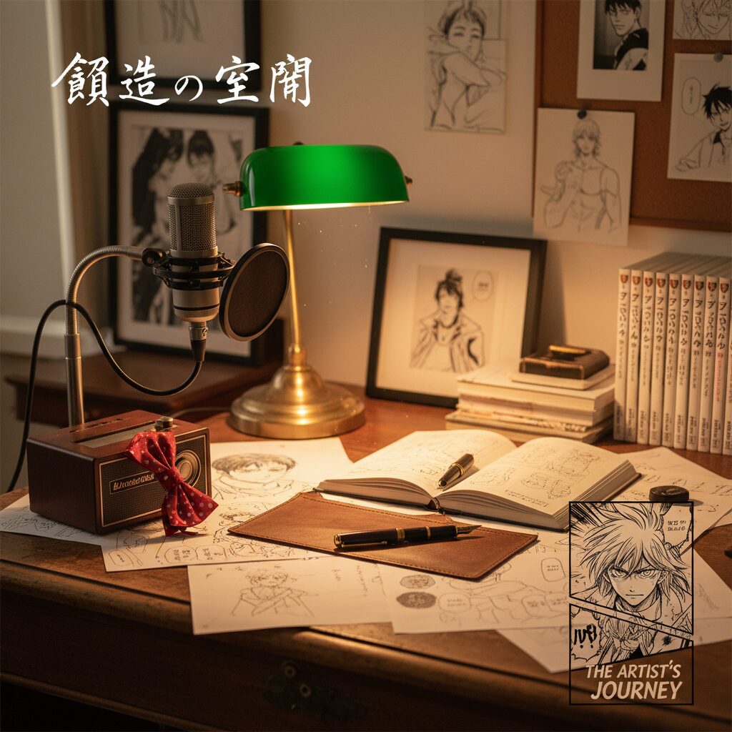 名探偵コナンの原作者と声優を象徴する、万年筆とマイク、そして蝶ネクタイがデスクに置かれているイメージ。背景には漫画の原稿や台本がうっすらと見える知的な雰囲気。