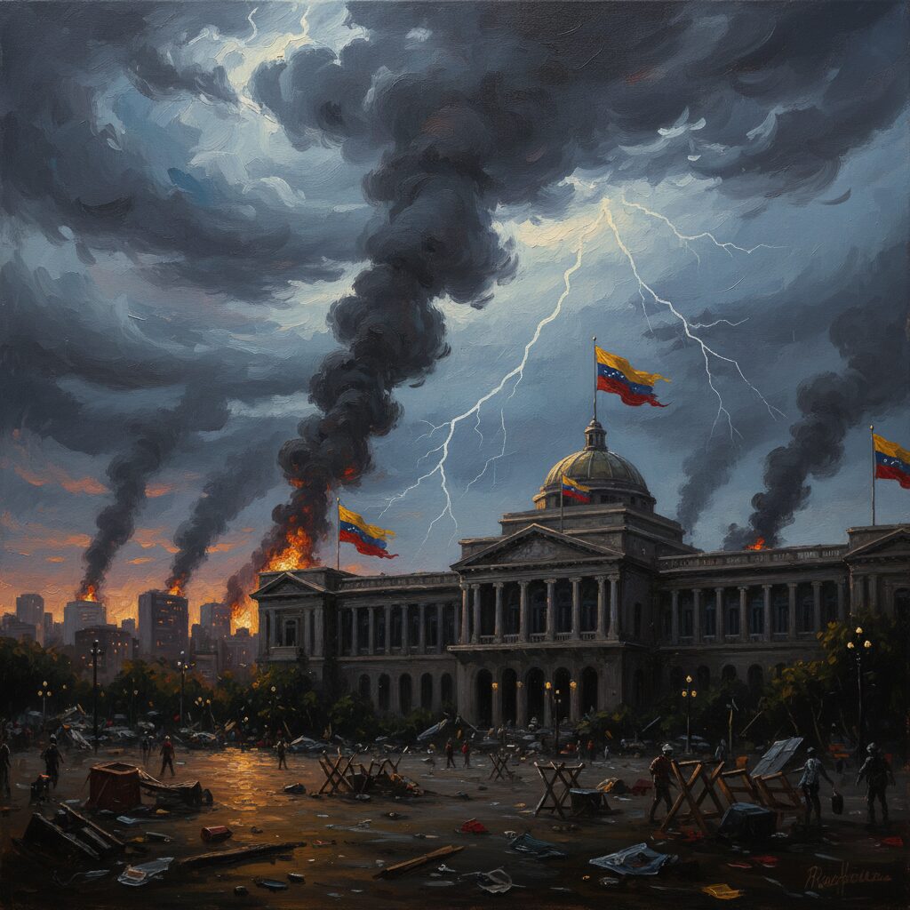 ベネズエラ大統領府周辺に漂う緊張感と暗雲のイメージ