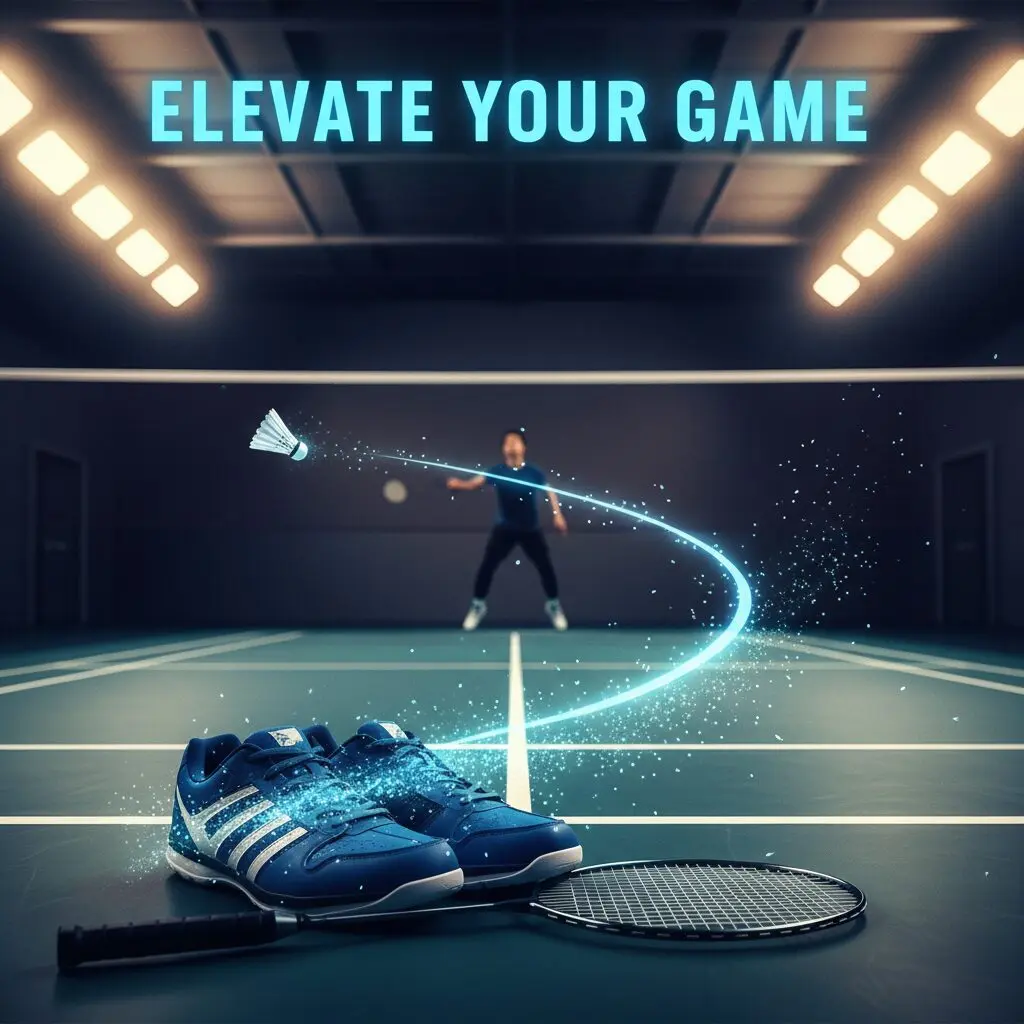 バドミントンコートの上に置かれたヨネックスのシューズとラケットのイメージ