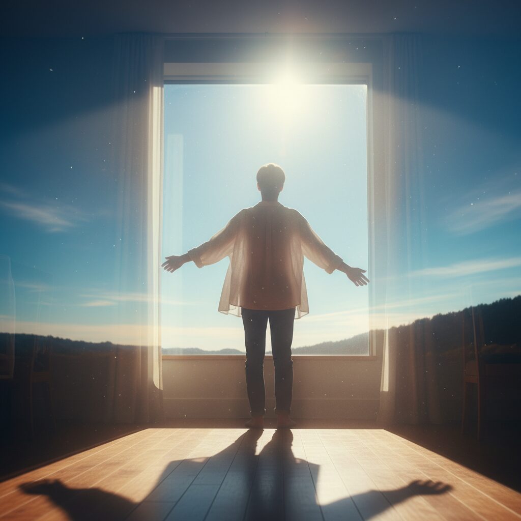 小松未歩「チャンス」をイメージした、朝の光が差し込む窓辺と前向きな一歩を踏み出す爽やかな風景。