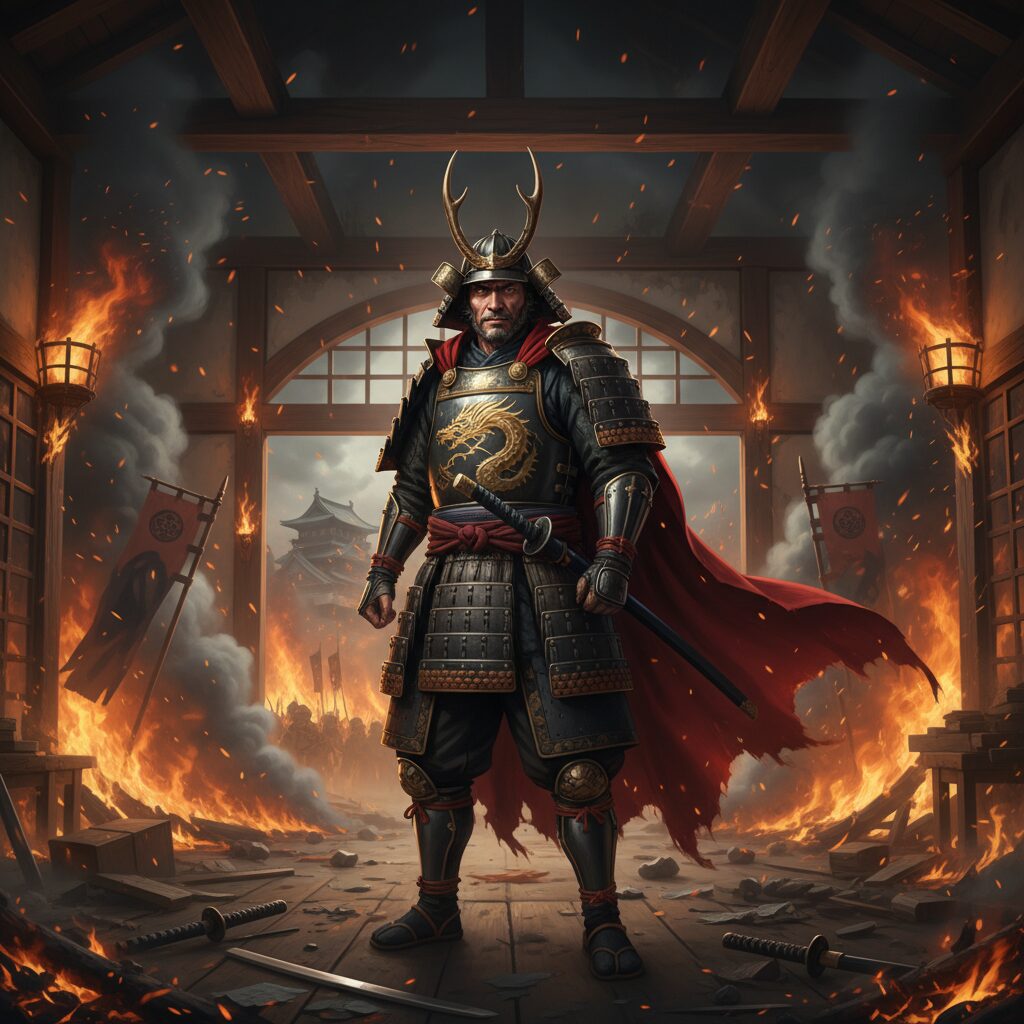 2026年大河ドラマ「豊臣兄弟！」の織田信長役を演じる小栗旬さんをイメージした、燃え上がる城内と威厳ある戦国武将のイラスト。