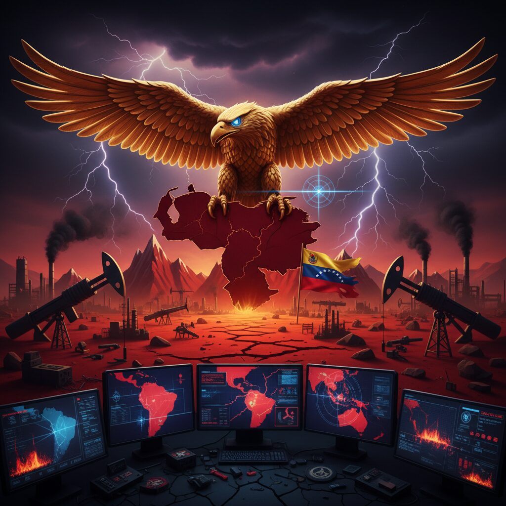 Dramatic symbolic image of international relations and security tension between USA and Venezuela maps with oil industry silhouettes and pharmaceutical fentanyl imagery.