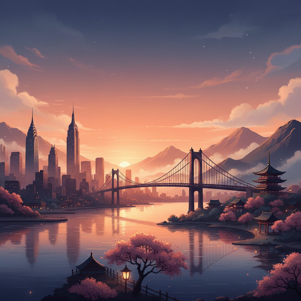 ニューヨークの夕暮れと日本の風景を象徴するノスタルジックなイメージ。酒井美紀さんと松井秀喜さんの純愛伝説を想起させるデザイン。