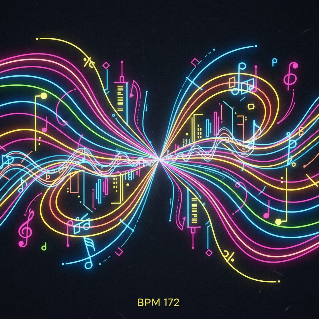 ネオンカラーが躍動する音楽の波動と都会の夜のイメージ