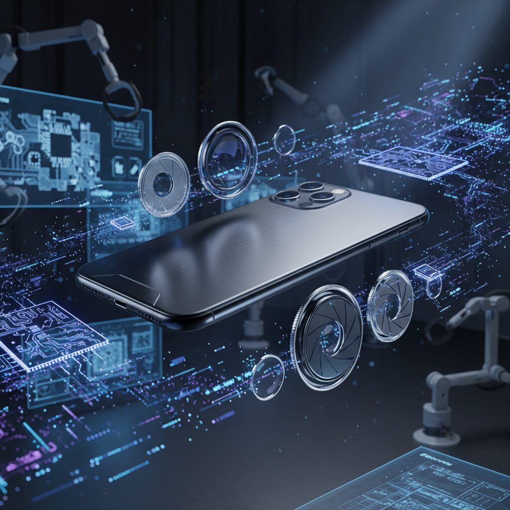 近未来的なデザインのiPhone 18 Pro Maxが浮かび上がり、背後に回路図やカメラレンズが配置されたデジタルアート