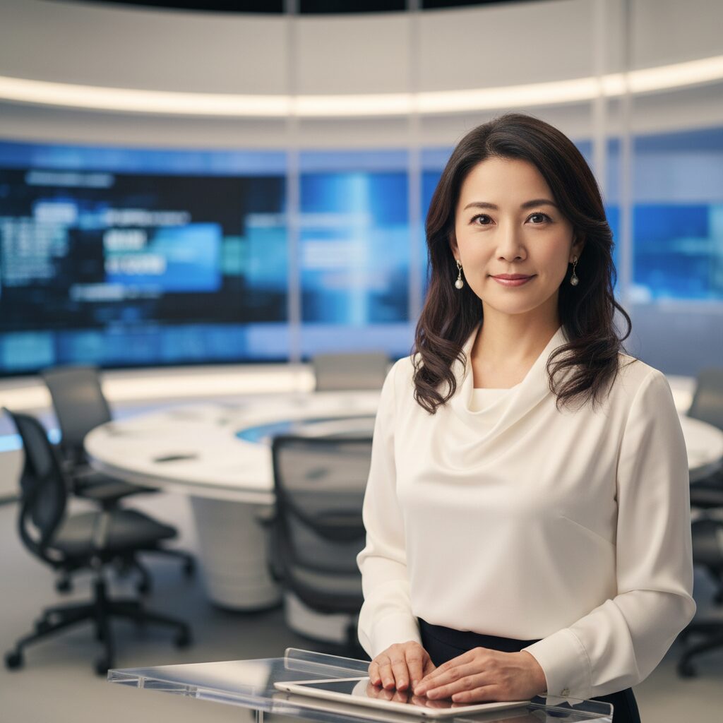 明るいテレビスタジオで微笑む知的な日本人女性キャスターのイメージ画像