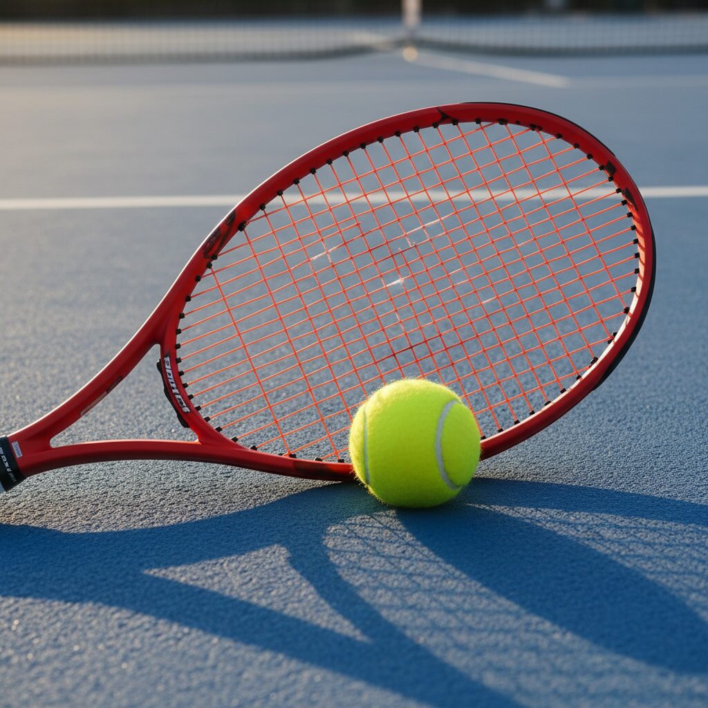 A high-tech red tennis racket hitting a ball with spin effects on a hard court.