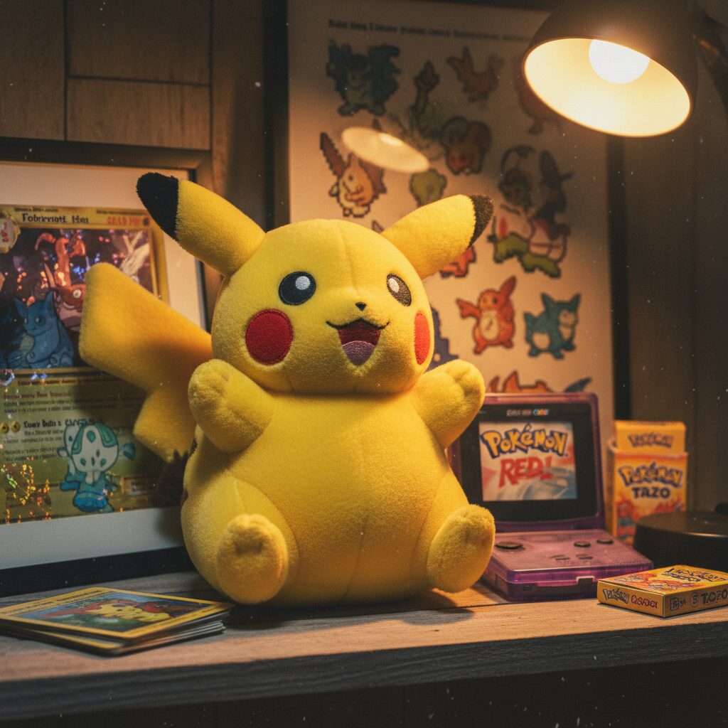 ポケモンセンター25周年記念で復刻された初期デザインの丸いピカチュウぬいぐるみと懐かしいポケモングッズのイメージ