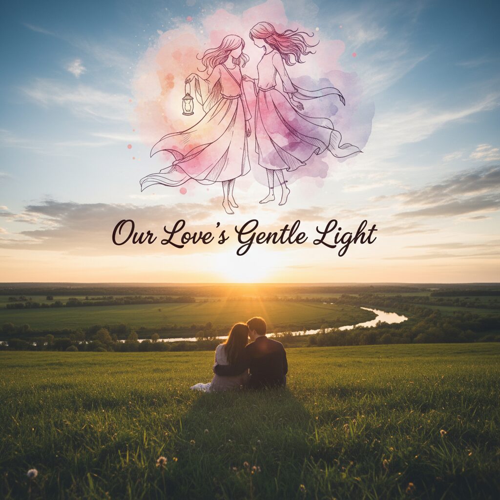 芝生の上で寄り添うカップルの後ろ姿と温かい夕景のイメージ