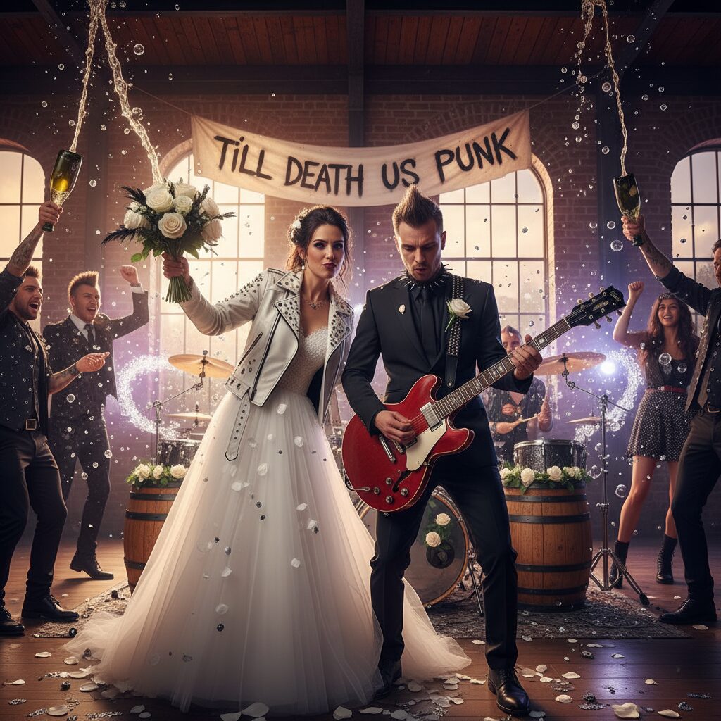バイきんぐ小峠英二の結婚を祝うようなパンクロックとウェディングの融合イメージ